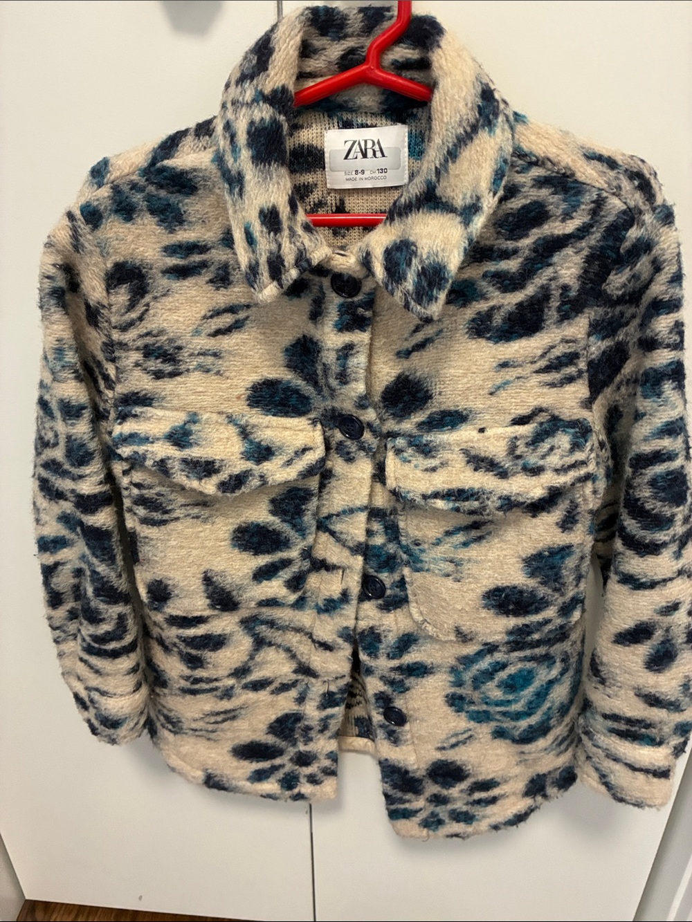 Zara Cream Teddy Jacket with Navy and Teal Floral Pattern